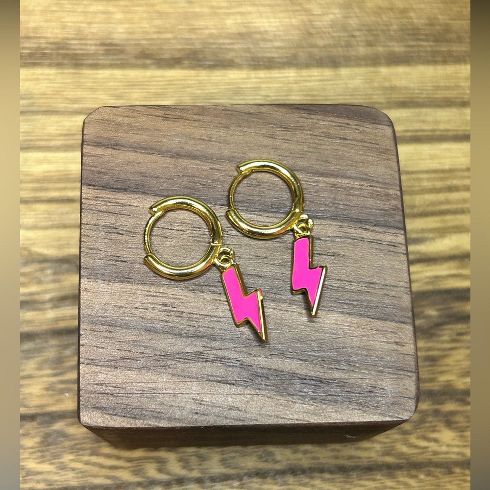 #500 - Pink Bolt ⚡️ Huggie Hoop Pendant Earrings | 18K GOLD Plated
